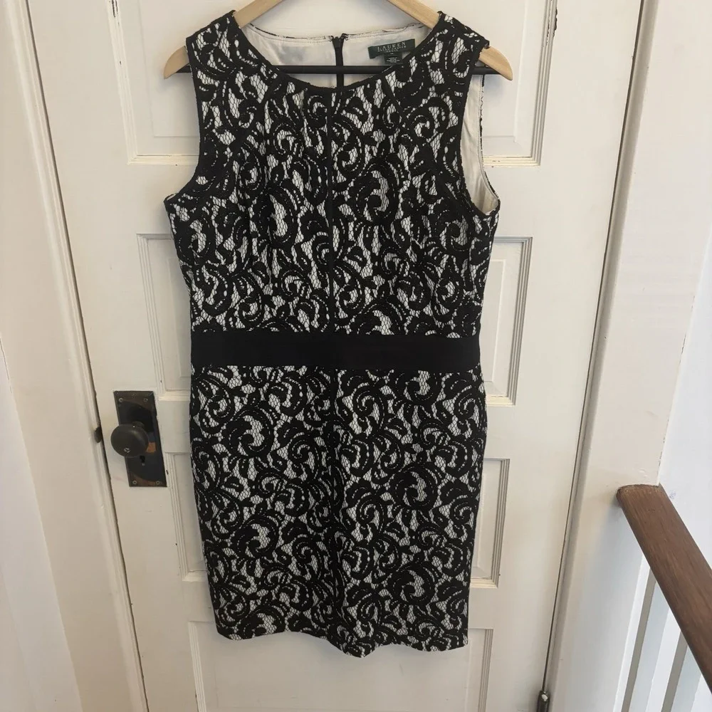 Lauren Ralph Lauren‎ Women's Black Lace Sleeveless Sheath Dress Lined Size 14